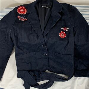 7th Avenue Dark Wash Embroidered Women's Blazer with Belt Size L